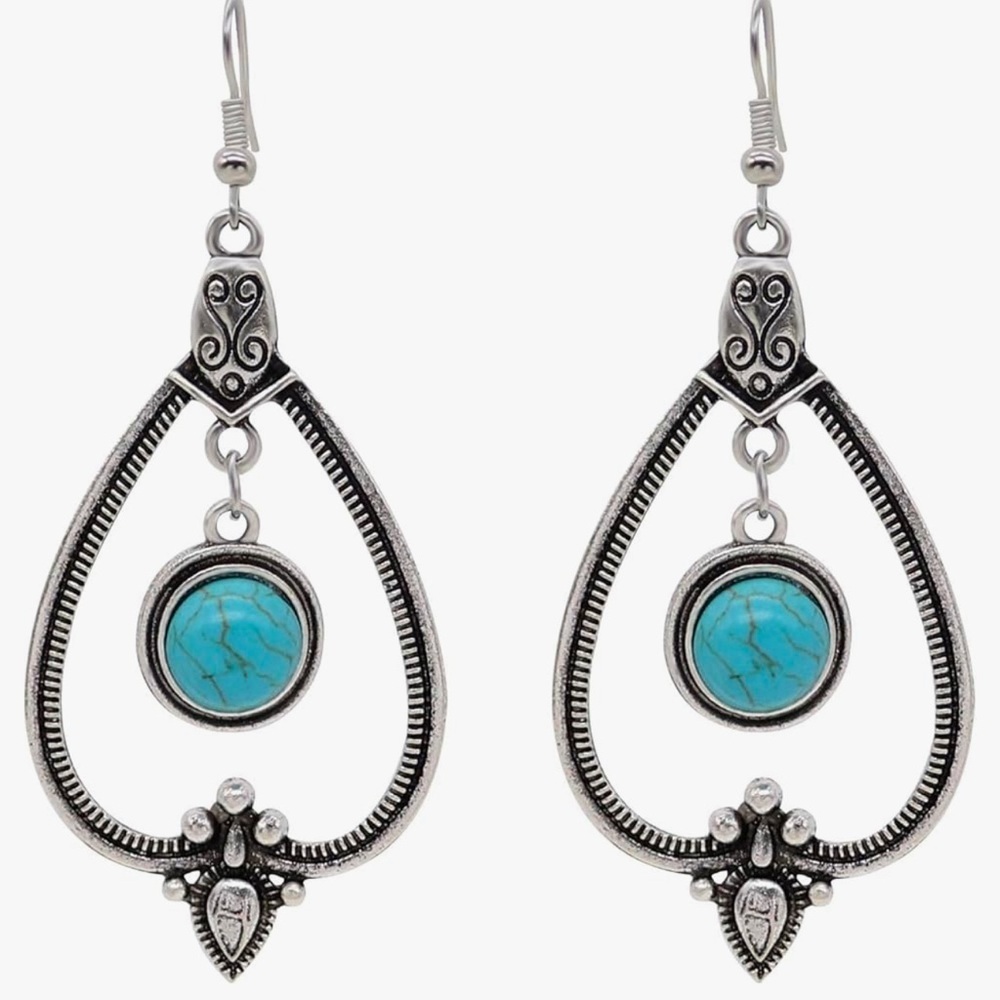 Etched Silver Open Teardrop with Turquoise Stones Boho Dangle Drop Earrings